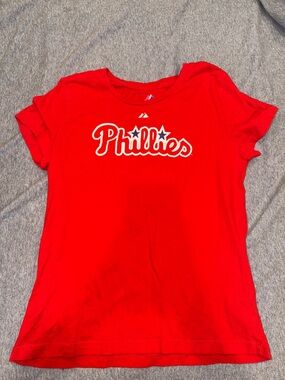 Majestic Red Phillies Script Logo Tee